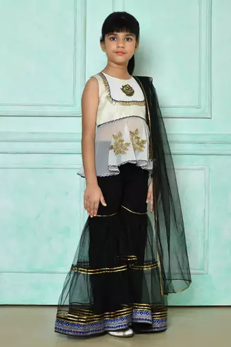 White embroidered art silk a line kids salwar suits