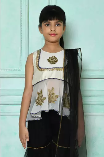 White embroidered art silk a line kids salwar suits