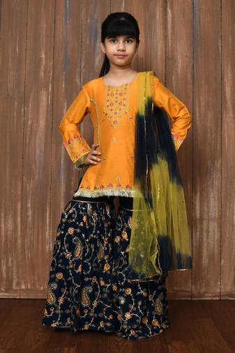 Yellow embroidered cotton silk straight cut kids salwar suits