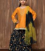 Yellow embroidered cotton silk straight cut kids salwar suits