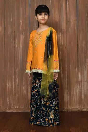Yellow embroidered cotton silk straight cut kids salwar suits
