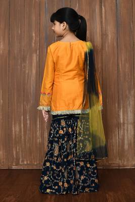 Yellow embroidered cotton silk straight cut kids salwar suits 3