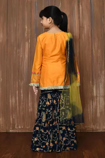 Yellow embroidered cotton silk straight cut kids salwar suits