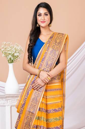 Mustard & Blue Pure Coton Woven Design Traditional Taant Saree Without Blouse