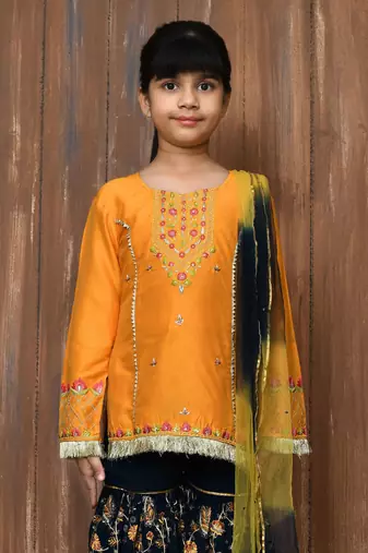 Yellow embroidered cotton silk straight cut kids salwar suits