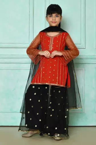 Red embroidered net straight cut kids salwar suits