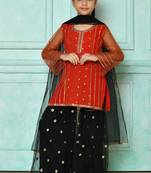 Red embroidered net straight cut kids salwar suits