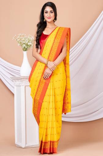 Yellow & Red Pure Coton Woven Design Traditional Taant Saree Without Blouse