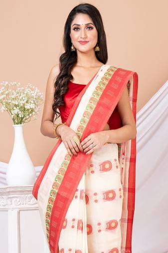 Off White & Red Pure Coton Woven Design Traditional Taant Saree Without Blouse