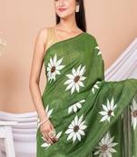 Moss Green & White Pure Cotton Sunflower Design Handloom Saree Without Blouse