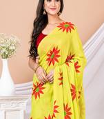 Fluroscent Green & White Pure Cotton Sunflower Design Handloom Saree Without Blouse