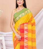 Yellow & Multi Pure Coton Taant Saree Without Blouse