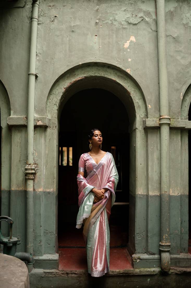 Multicolour Handwoven Handloom Tissue Silk Saree with Running Blouse Piece