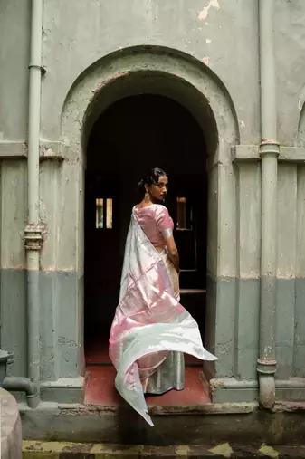 Multicolour Handwoven Handloom Tissue Silk Saree with Running Blouse Piece