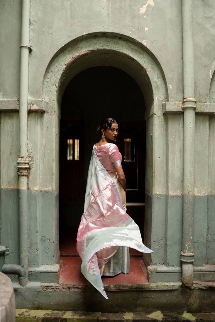 Multicolour Handwoven Handloom Tissue Silk Saree with Running Blouse Piece