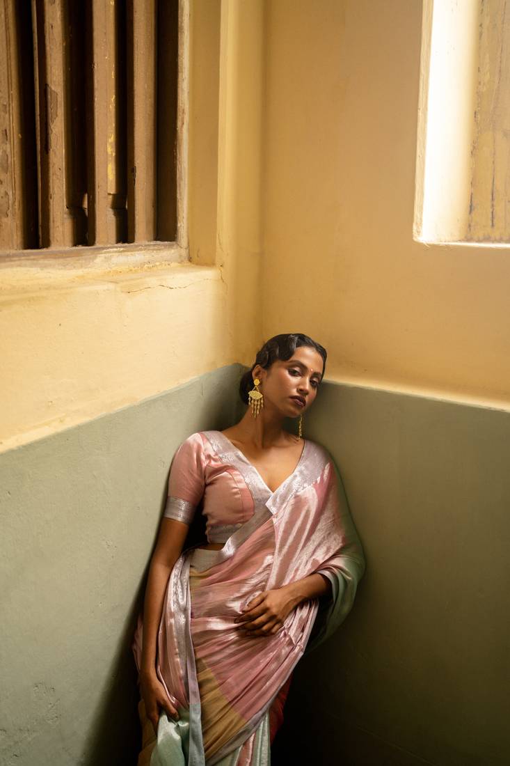 Multicolour Handwoven Handloom Tissue Silk Saree with Running Blouse Piece