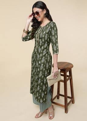 Clemira Green Color Embroidered Women'S Kurta Palazzo Set 1