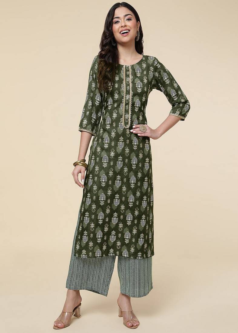 Clemira Green Color Embroidered Women'S Kurta Palazzo Set