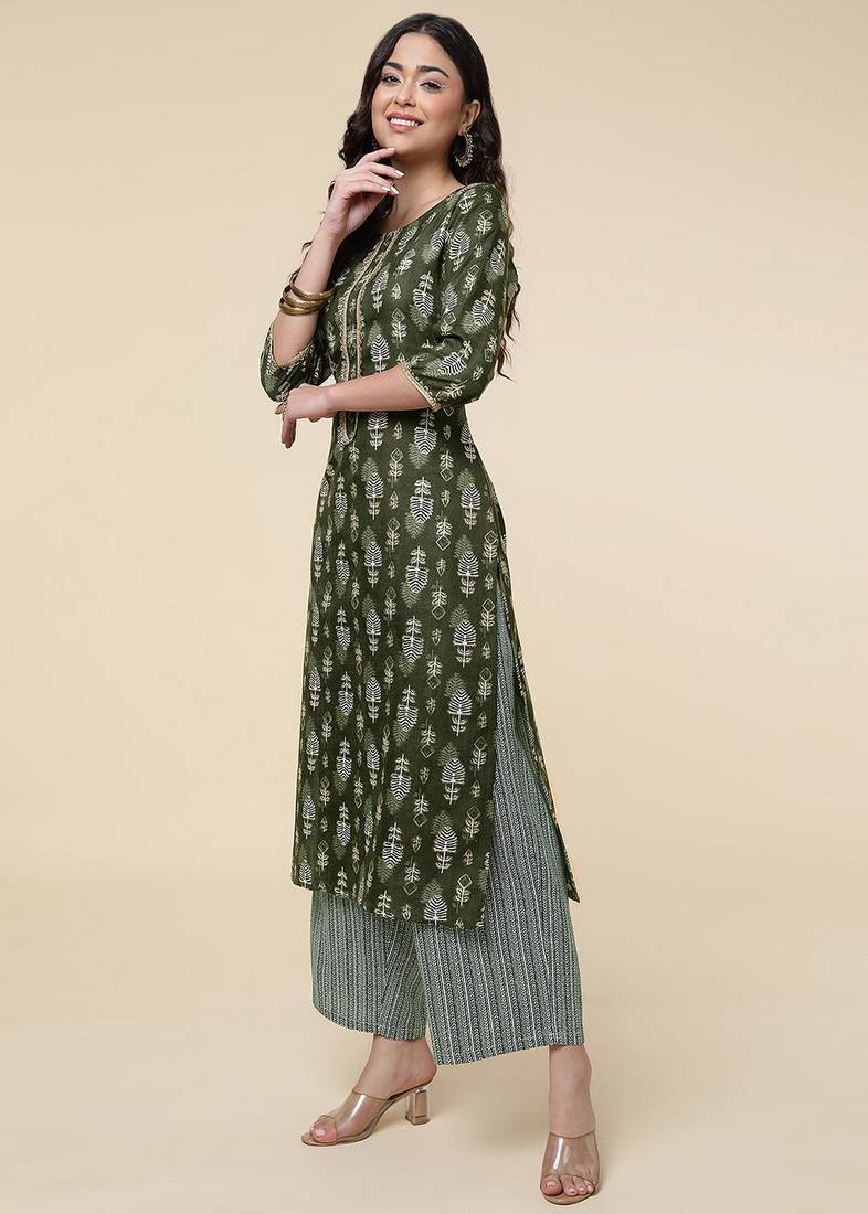 Clemira Green Color Embroidered Women'S Kurta Palazzo Set