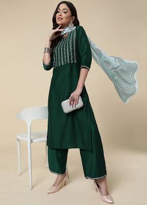 Clemira Light Green Color Embroidered Women'S Kurta Palazzo Dupatta Set 1