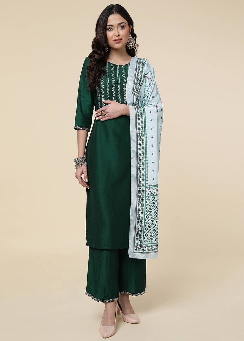 Clemira Light Green Color Embroidered Women'S Kurta Palazzo Dupatta Set