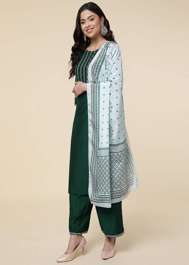 Clemira Light Green Color Embroidered Women'S Kurta Palazzo Dupatta Set
