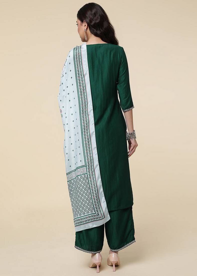 Clemira Light Green Color Embroidered Women'S Kurta Palazzo Dupatta Set