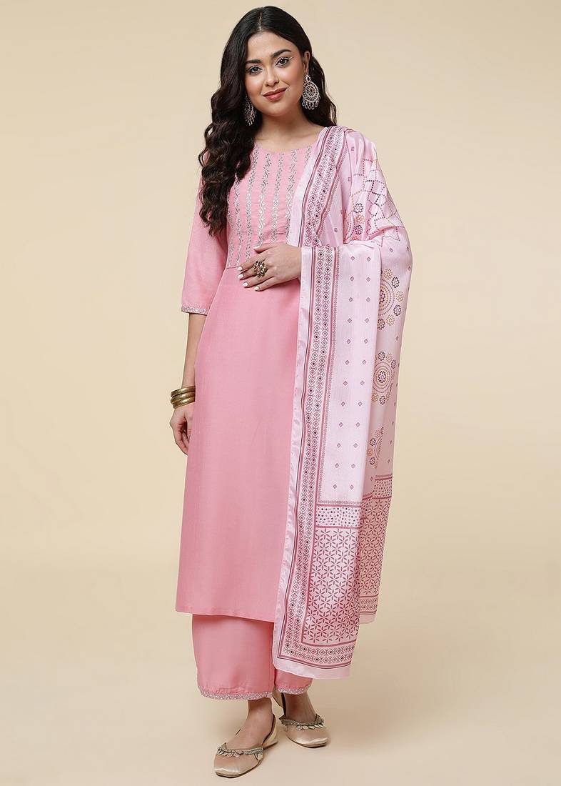 Clemira Light Green Color Embroidered Women'S Kurta Palazzo Dupatta Set