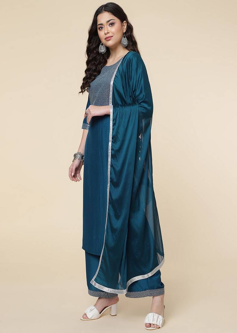 Clemira Light Green Color Embroidered Women'S Kurta Palazzo Dupatta Set