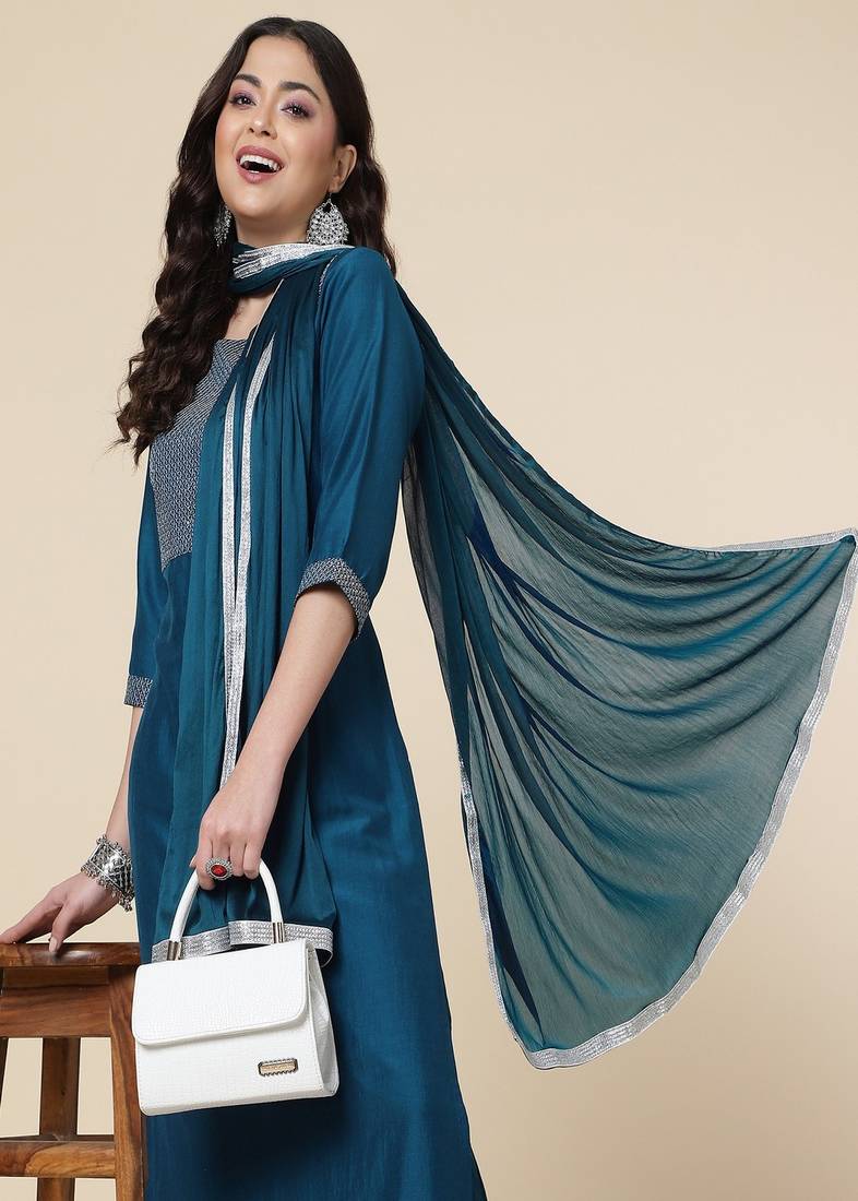 Clemira Light Green Color Embroidered Women'S Kurta Palazzo Dupatta Set