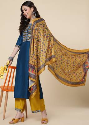 Clemira Yellow Color Embroidered Women'S Kurta Palazzo Dupatta Set 1