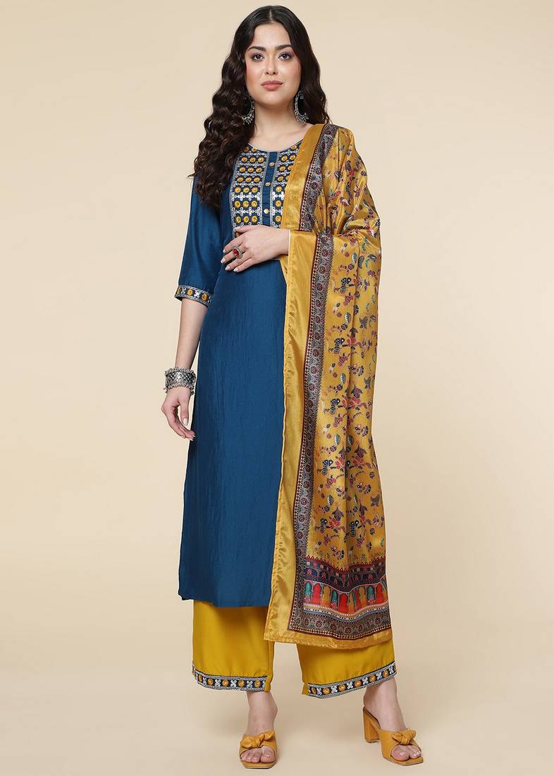 Clemira Yellow Color Embroidered Women'S Kurta Palazzo Dupatta Set