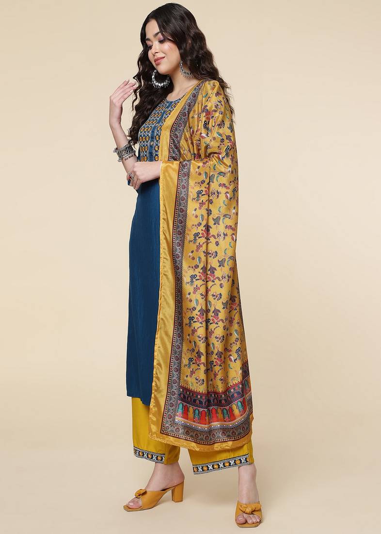 Clemira Yellow Color Embroidered Women'S Kurta Palazzo Dupatta Set