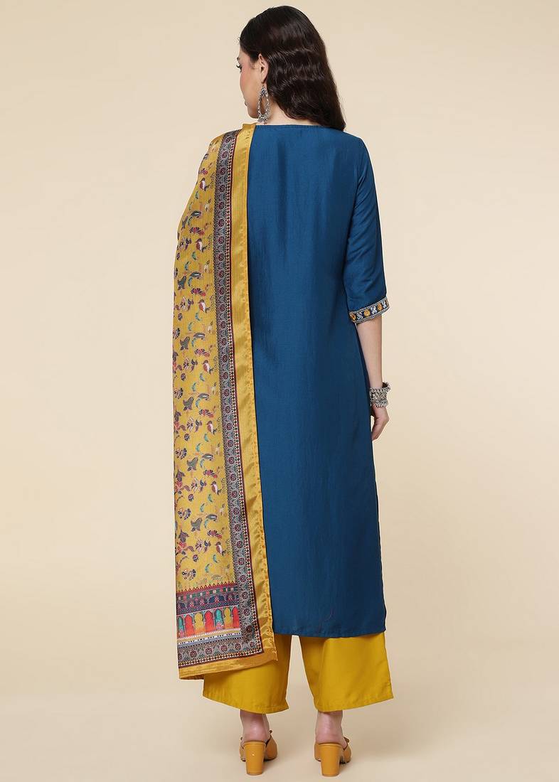 Clemira Yellow Color Embroidered Women'S Kurta Palazzo Dupatta Set