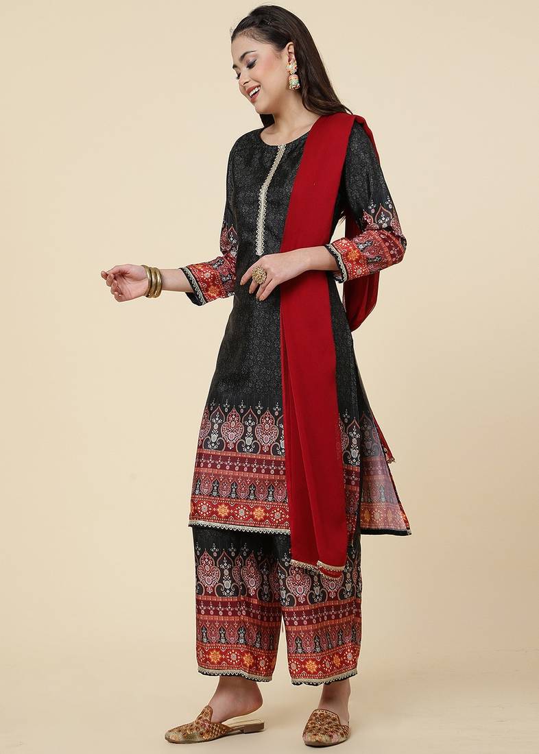 Clemira Black Color Embroidered Women'S Kurta Palazzo Dupatta Set