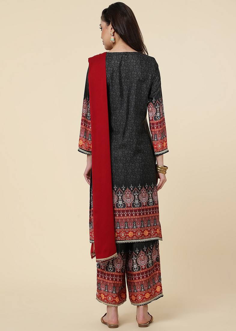 Clemira Black Color Embroidered Women'S Kurta Palazzo Dupatta Set