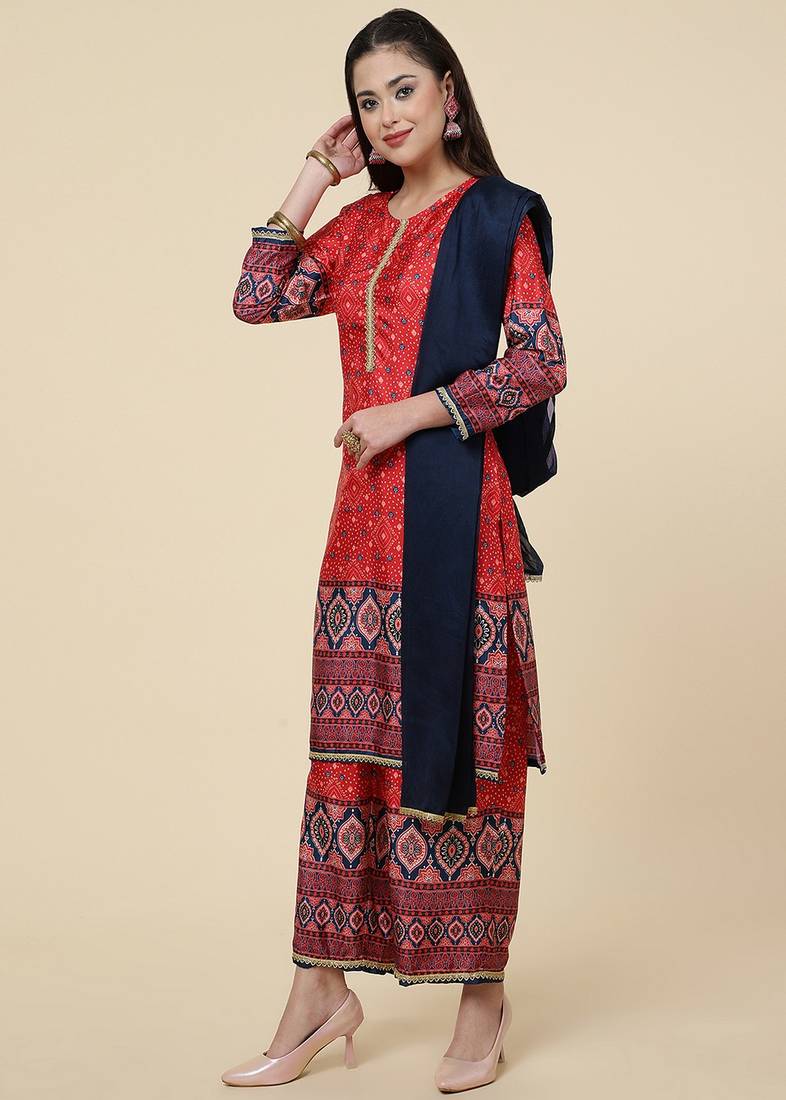 Clemira Dark Blue Color Embroidered Women'S Kurta Palazzo Dupatta Set