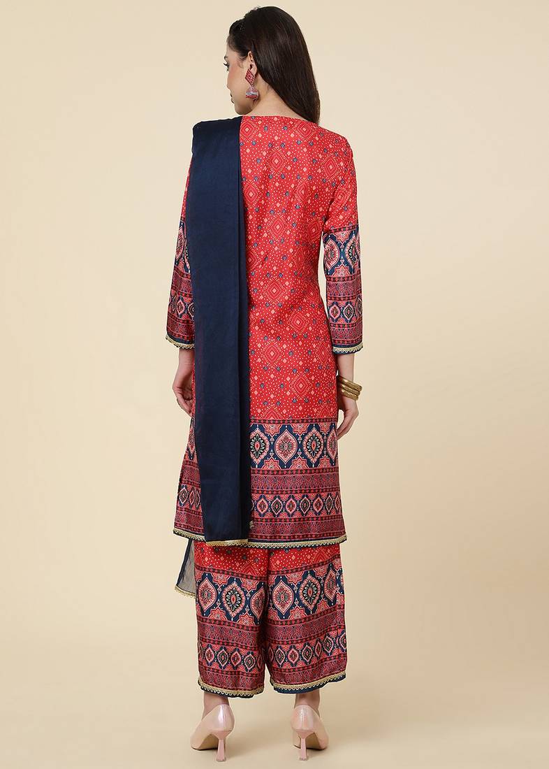 Clemira Dark Blue Color Embroidered Women'S Kurta Palazzo Dupatta Set