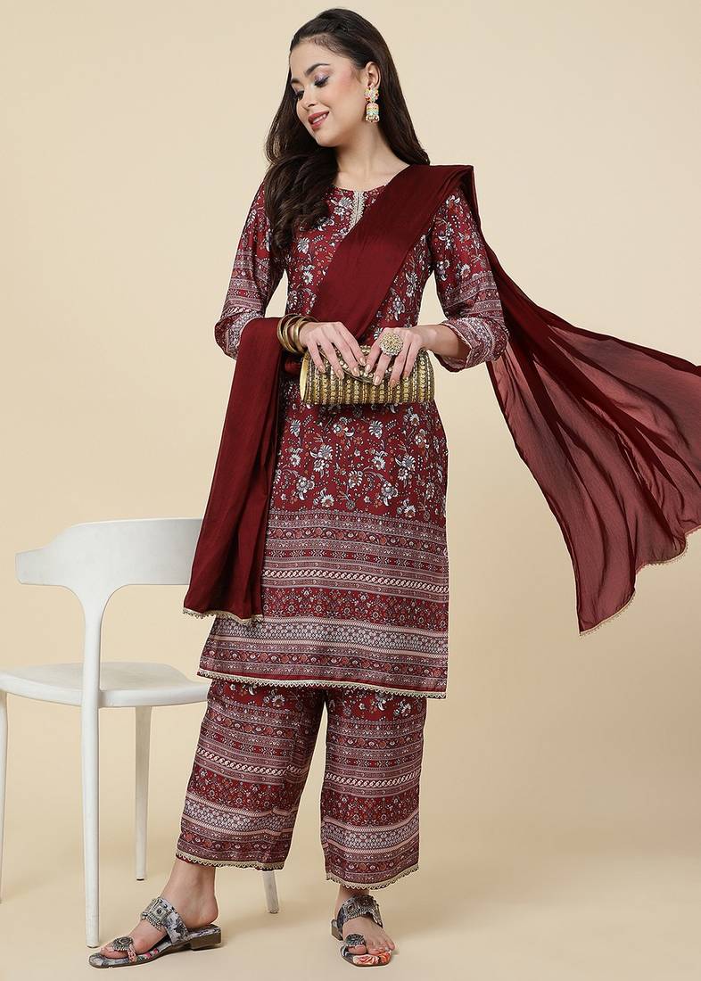 Clemira Dark Blue Color Embroidered Women'S Kurta Palazzo Dupatta Set