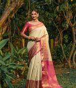 Cream pure silk with gold zari Faux kanchipuram indian luxury wedding saree with blouse