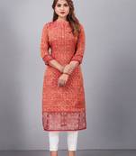 Rust Colour Ethnic Printed And Embroidered Partywear Kurti