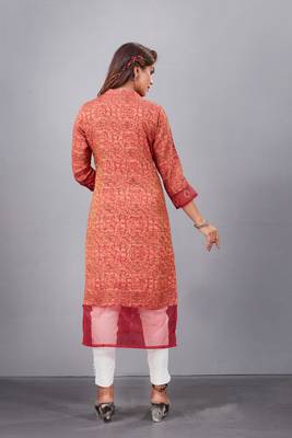 Rust Colour Ethnic Printed And Embroidered Partywear Kurti 2