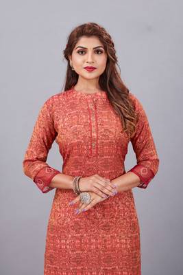 Rust Colour Ethnic Printed And Embroidered Partywear Kurti 3