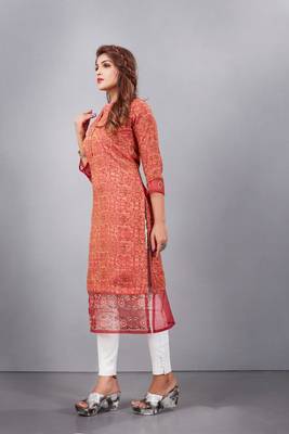 Rust Colour Ethnic Printed And Embroidered Partywear Kurti 4