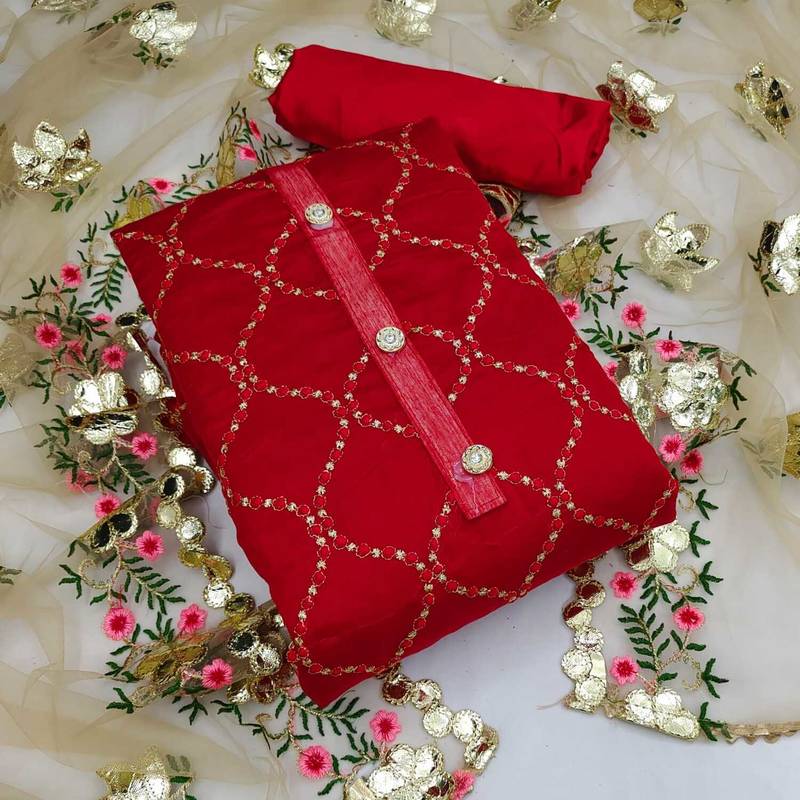 Chanderi top with santoon inner and bottom, net dupatta  unstitched dress material