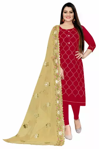 Chanderi top with santoon inner and bottom, net dupatta  unstitched dress material
