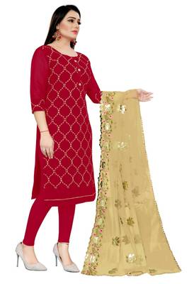 Chanderi top with santoon inner and bottom, net dupatta  unstitched dress material 4