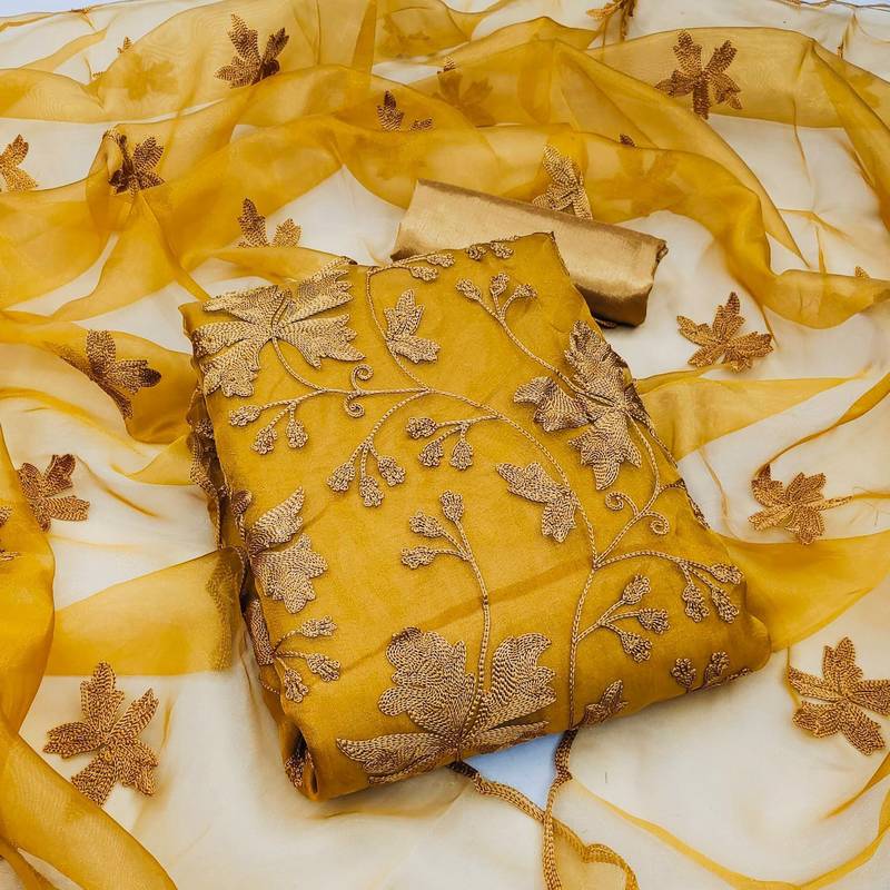 Women's organza silk embroidery unstitched dress material