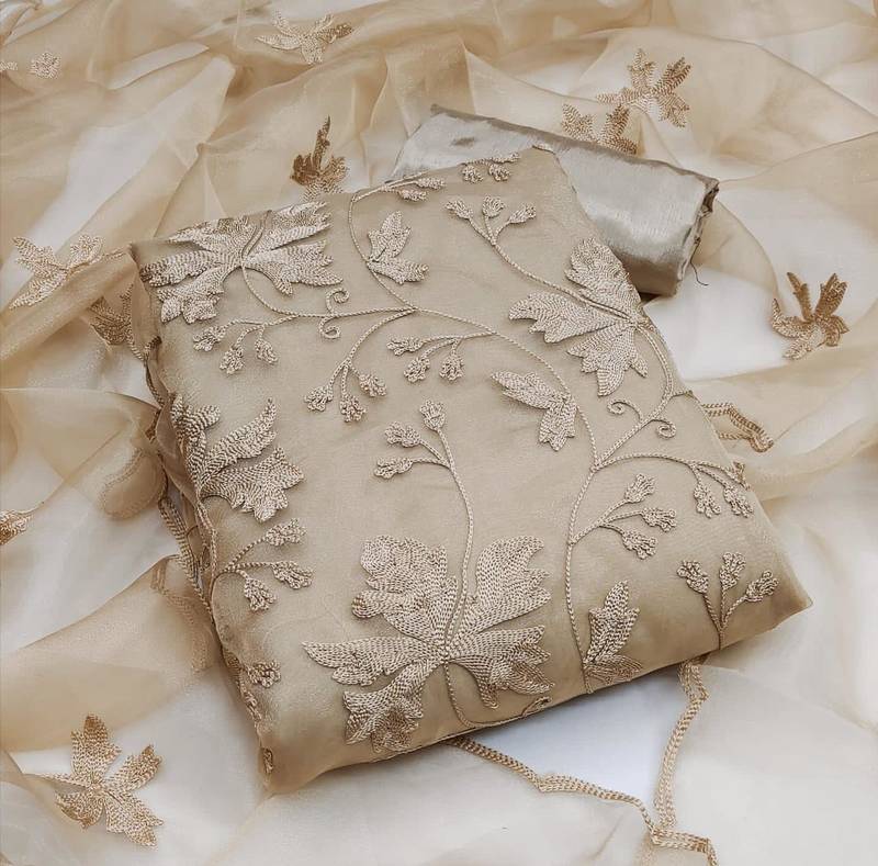 Women's organza silk embroidery unstitched dress material