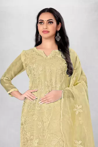 Women's organza silk embroidery unstitched dress material